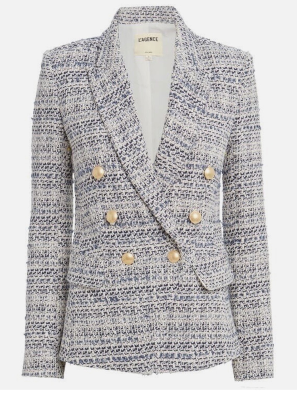 L'AGENCE Navy and White Tweed Double-Breasted Blazer